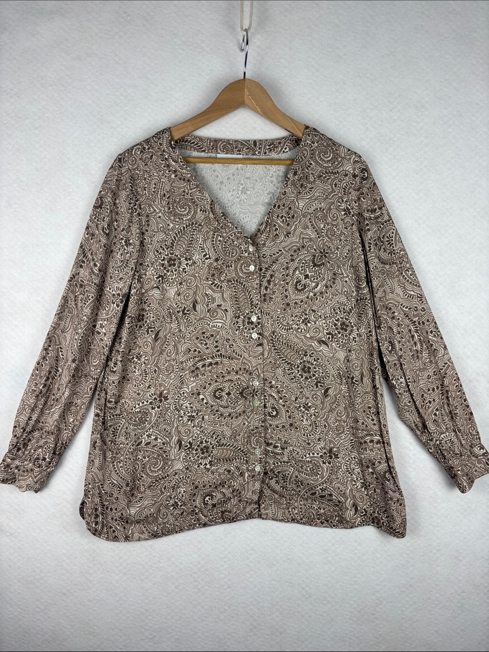 Pure Jill Paisley Button Front Blouse Women’s Medium Neutral Boho Office Casual
